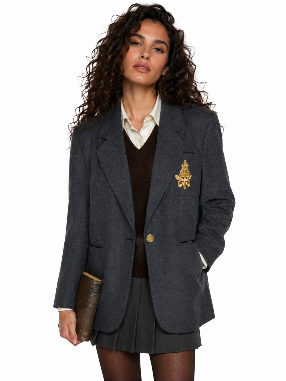 Vintage Harve Benard Wool Blazer Womens 8 Gray Gold Crest Dark Academia